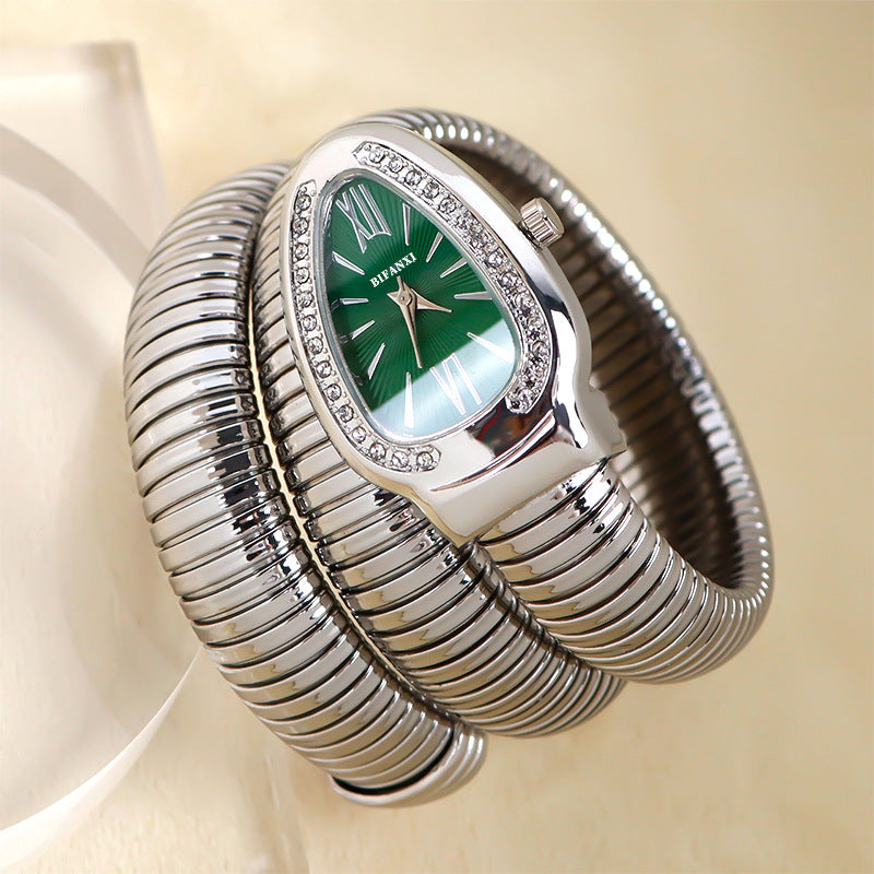 Snake-Style Quartz Watch with Stainless Steel Bracelet and Oval Dial