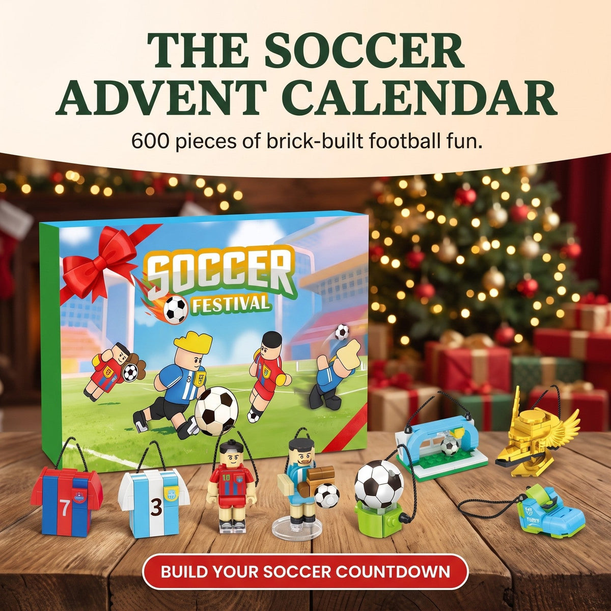 Soccer Advent Calendar, 600-Piece Brick Builds with Players, Jerseys and Trophies