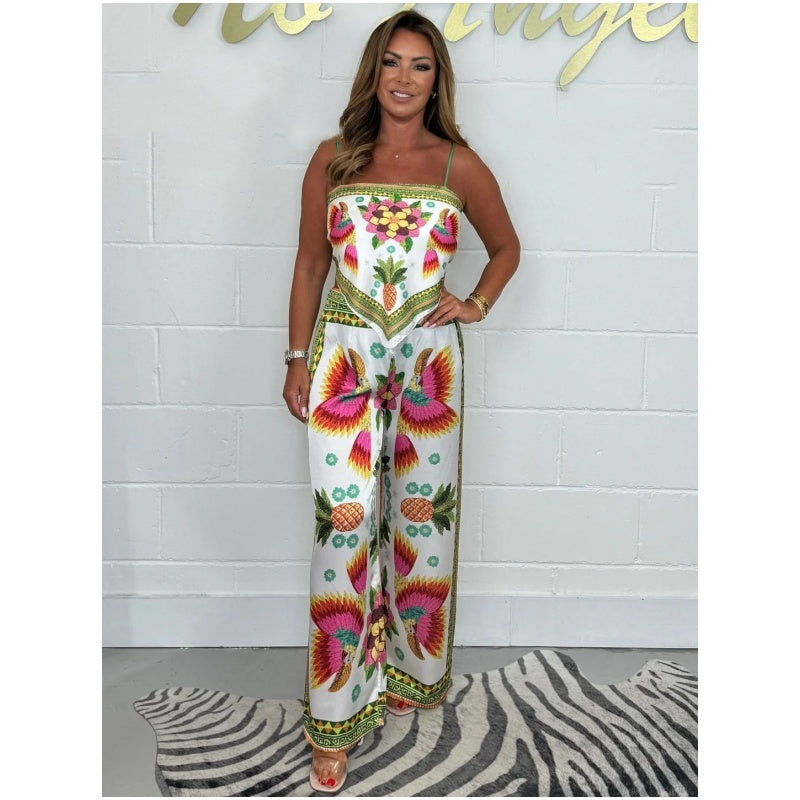 Spaghetti Strap Printed Top & Loose Pants 2-Piece Set