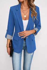 Striped-Cuff Roll-Sleeve Tailored Blazer