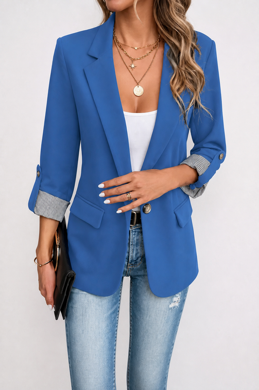 Striped-Cuff Roll-Sleeve Tailored Blazer