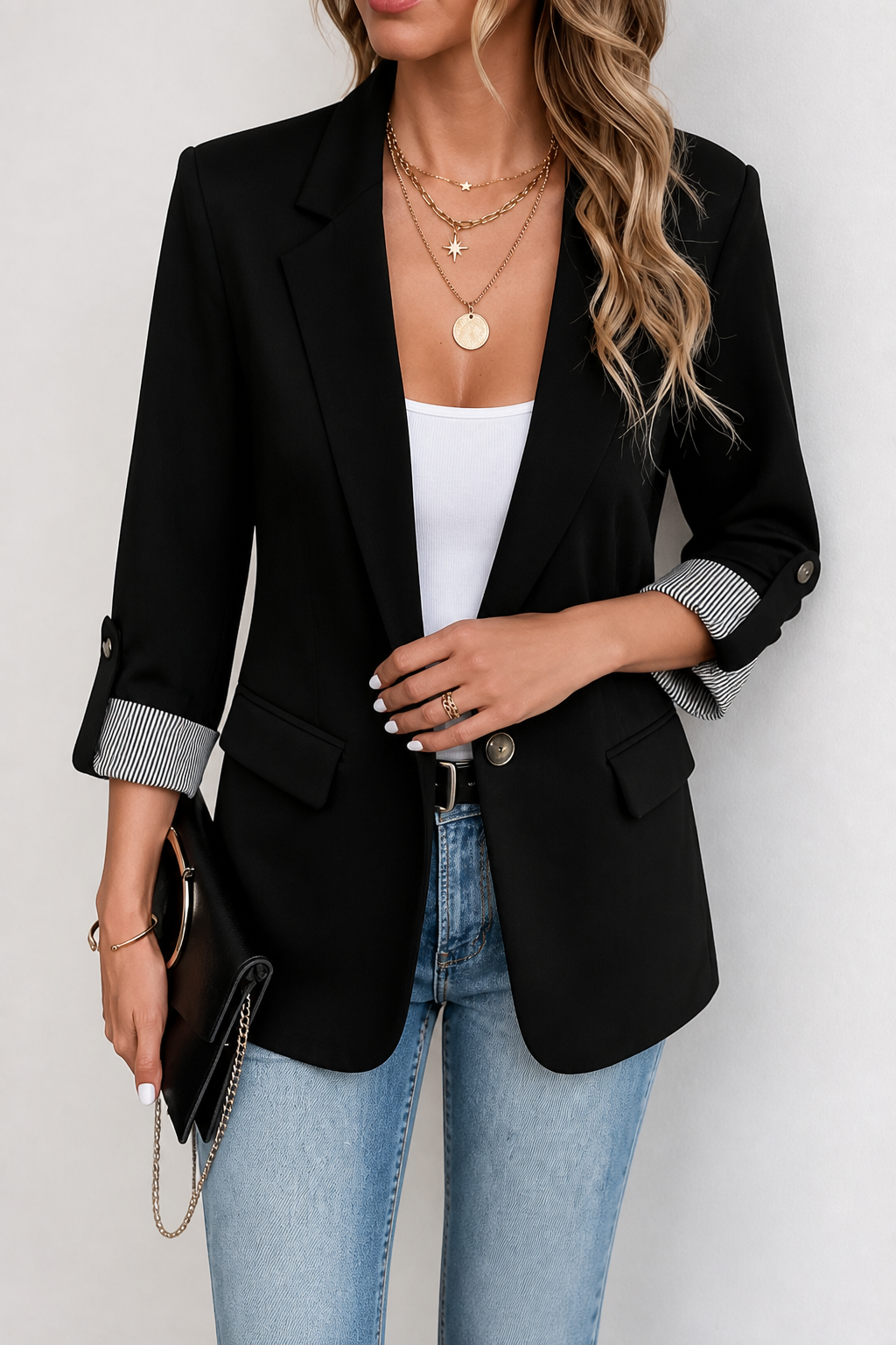 Striped-Cuff Roll-Sleeve Tailored Blazer