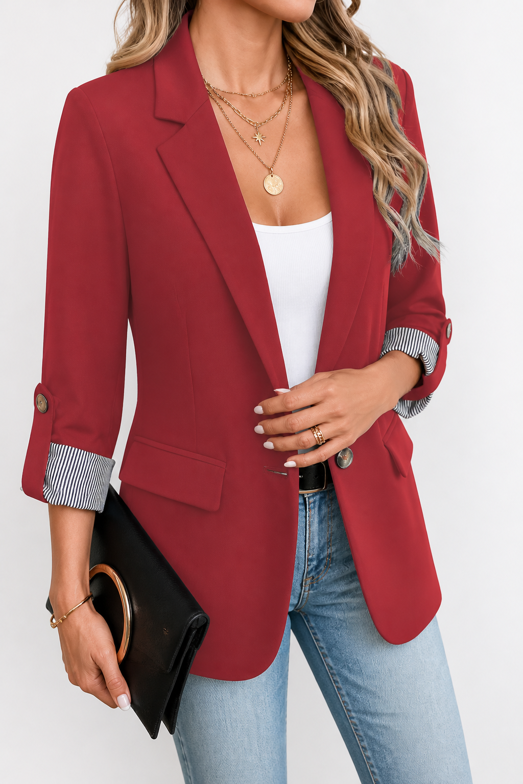 Striped-Cuff Roll-Sleeve Tailored Blazer