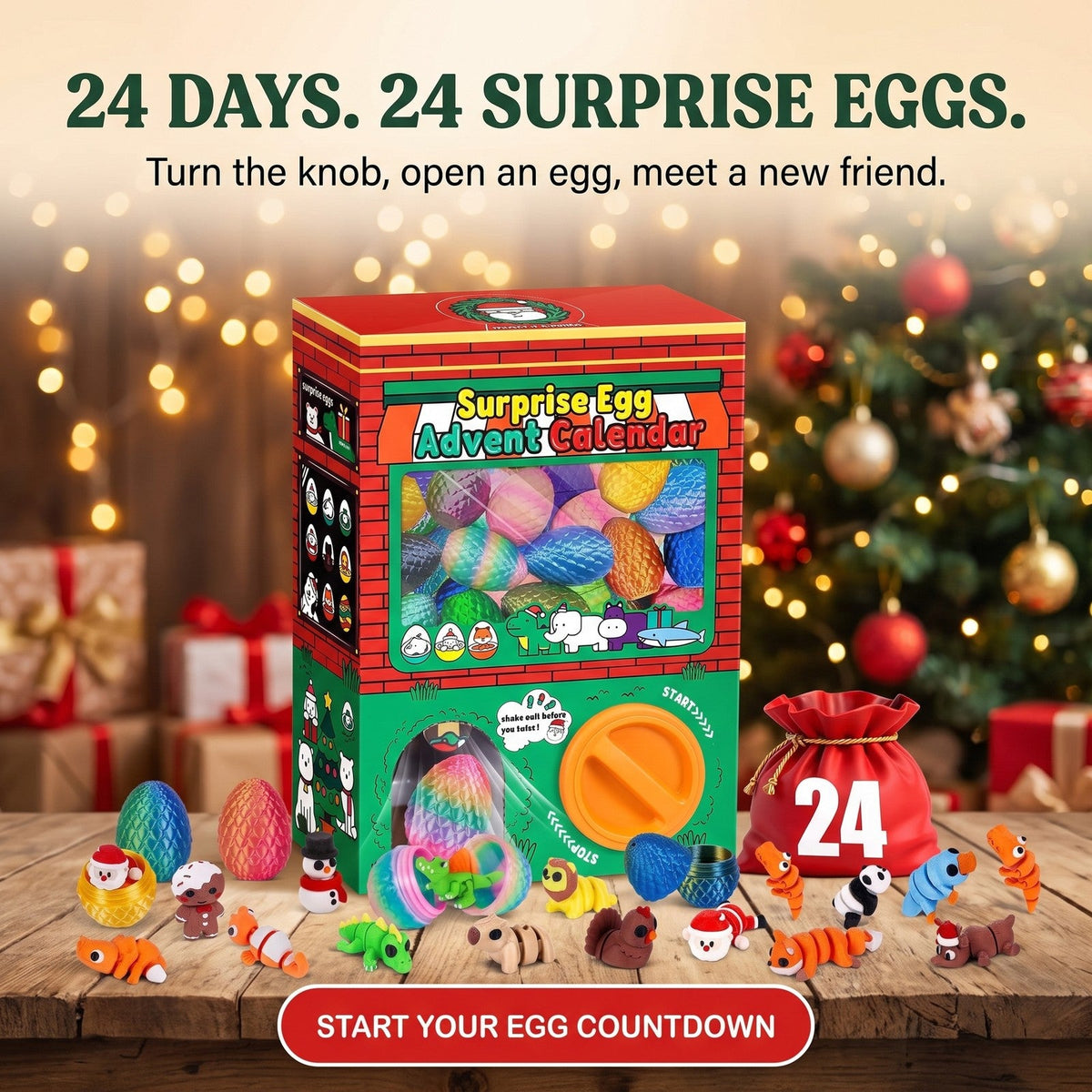 Surprise Egg Advent Calendar, Gumball Machine Box with 24 Flexible Figures