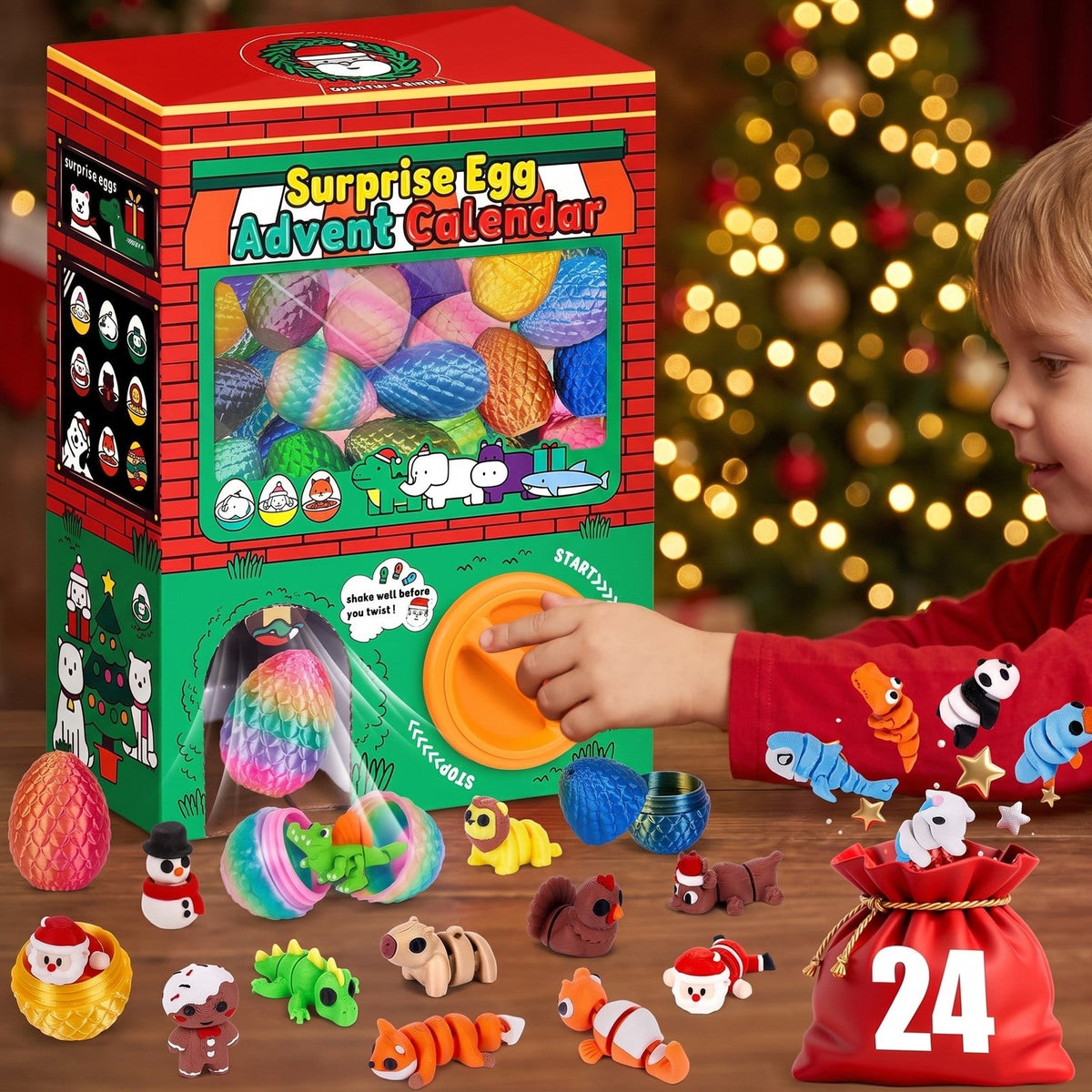 Surprise Egg Advent Calendar, Gumball Machine Box with 24 Flexible Figures