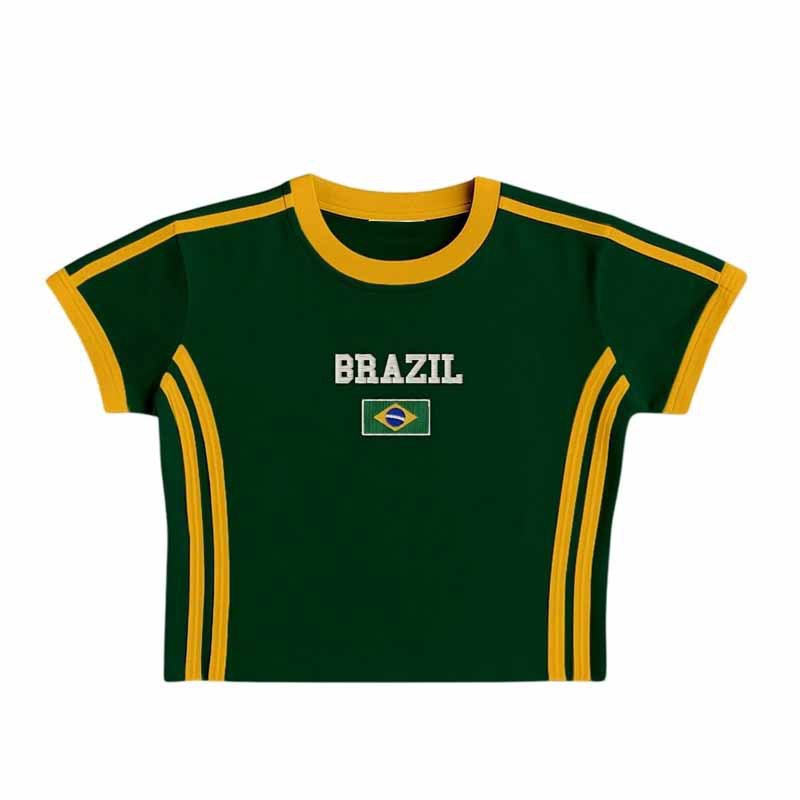 Unisex Slim Fit Retro Sporty Short Sleeve T-Shirt with Flag Motif