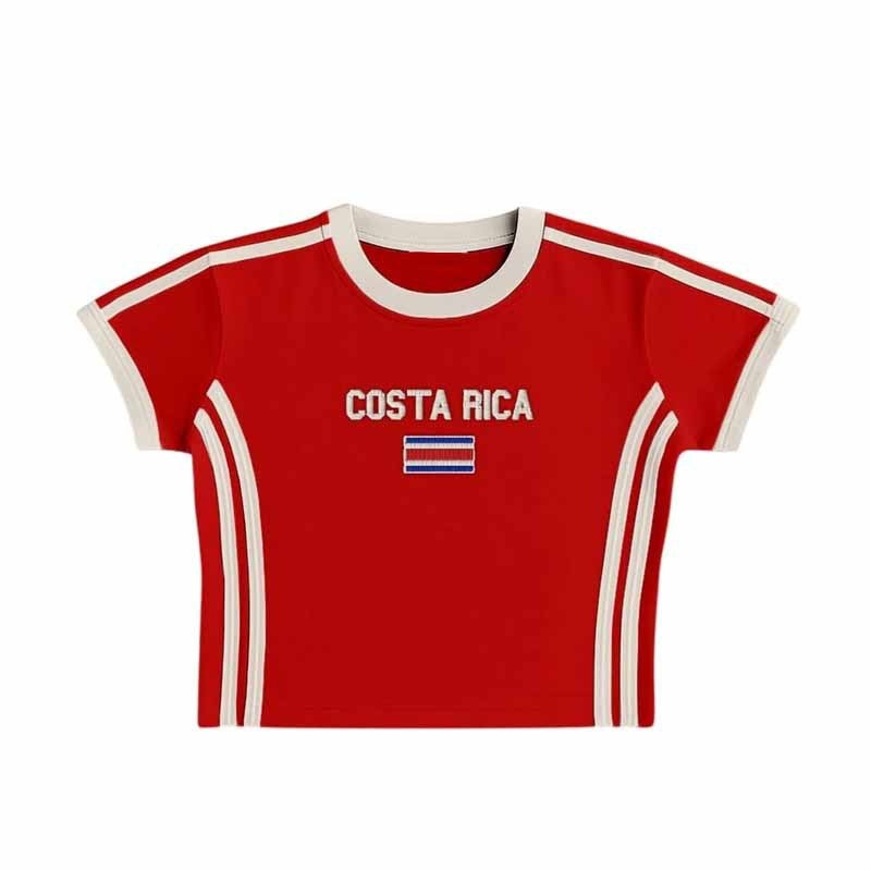 Unisex Slim Fit Retro Sporty Short Sleeve T-Shirt with Flag Motif