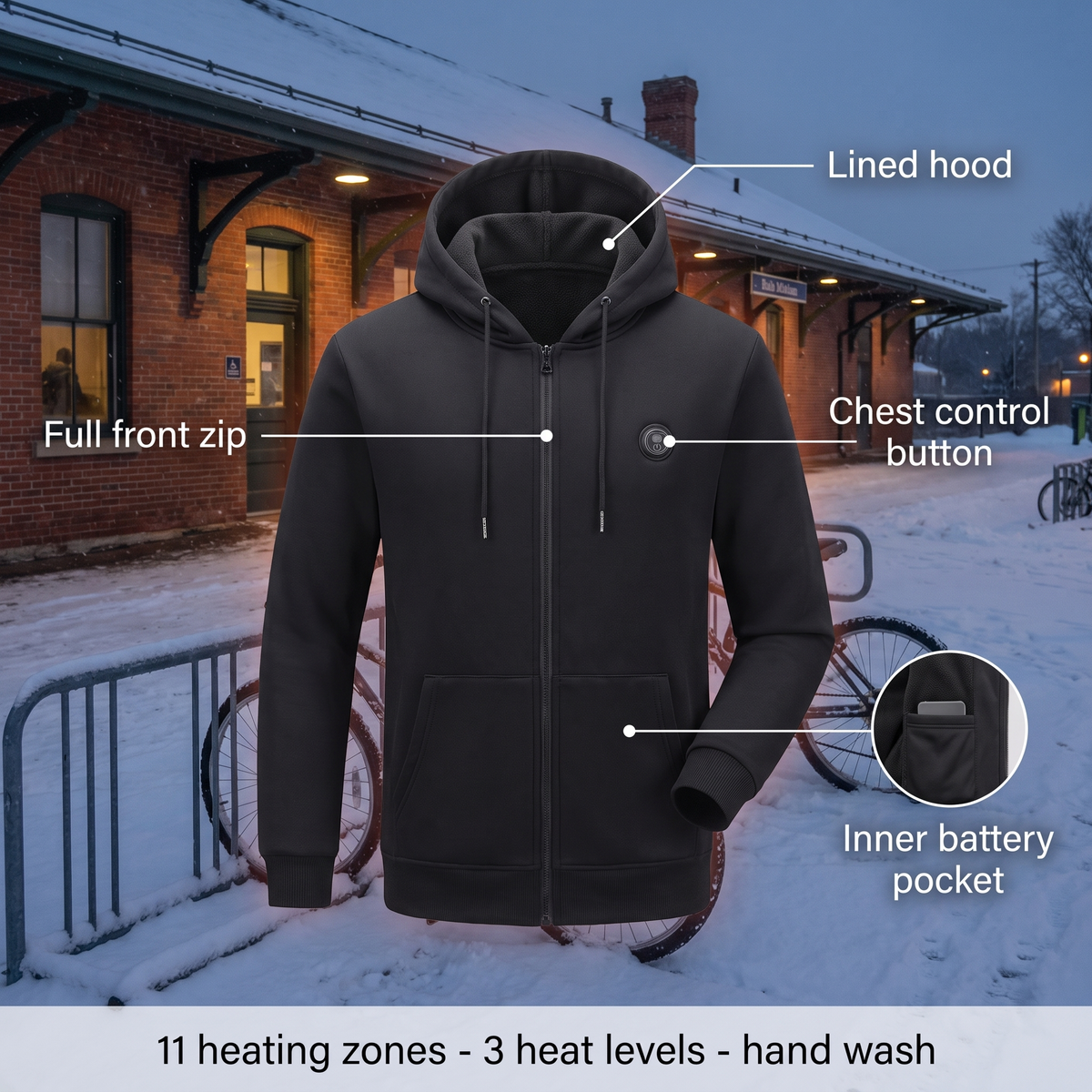 USB Heated Hoodie with 11 Heating Zones and 3 Heat Levels