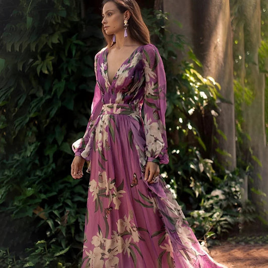 Image of Vivian | Women's V-Neck Floral Maxi Dress