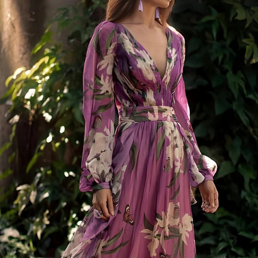 Image of Vivian | Women's V-Neck Floral Maxi Dress