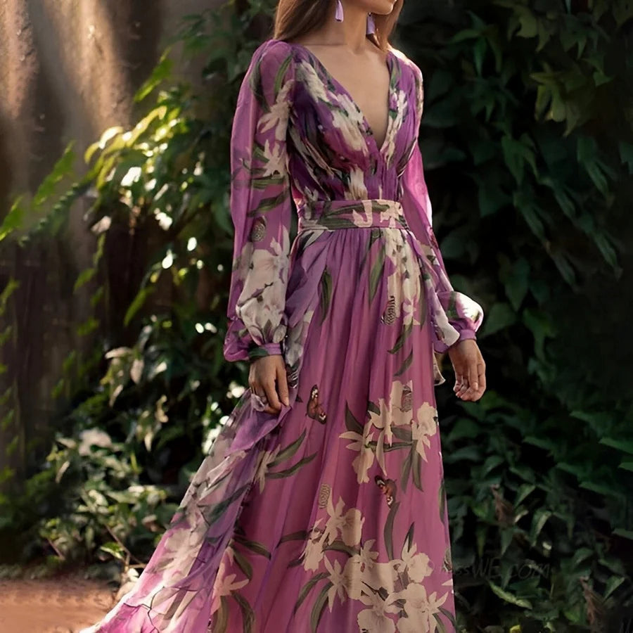 Image of Vivian | Women's V-Neck Floral Maxi Dress
