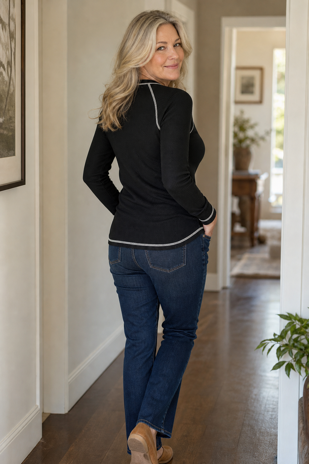 Waffle Knit Contrast Stitch Henley Top