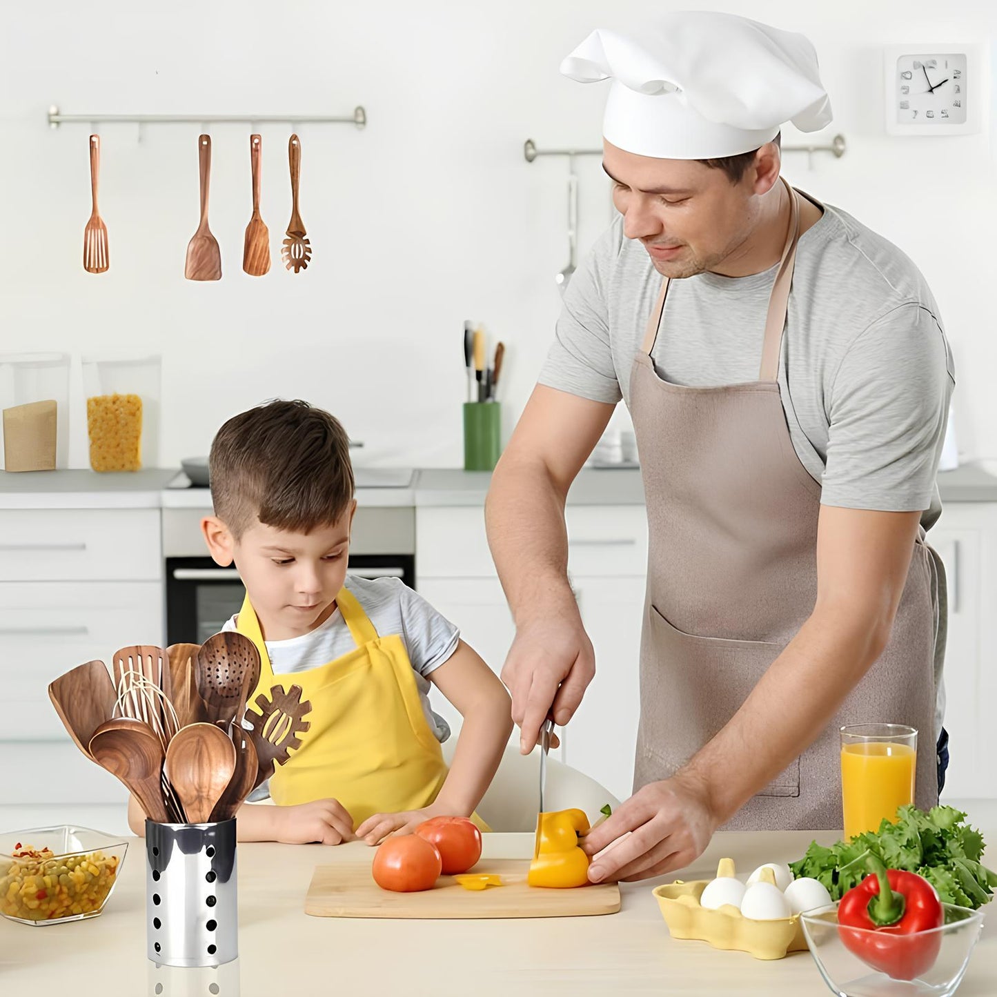Wearclo | 11-Piece Teak Kitchen Tool Set | With Holder | Natural Wood