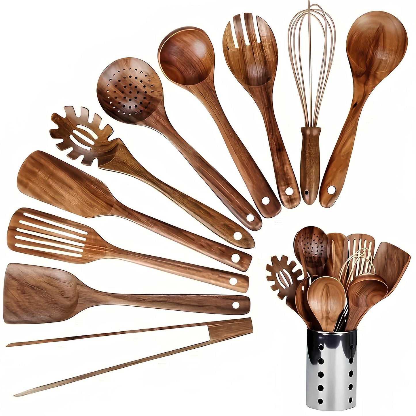 Wearclo | 11-Piece Teak Kitchen Tool Set | With Holder | Natural Wood