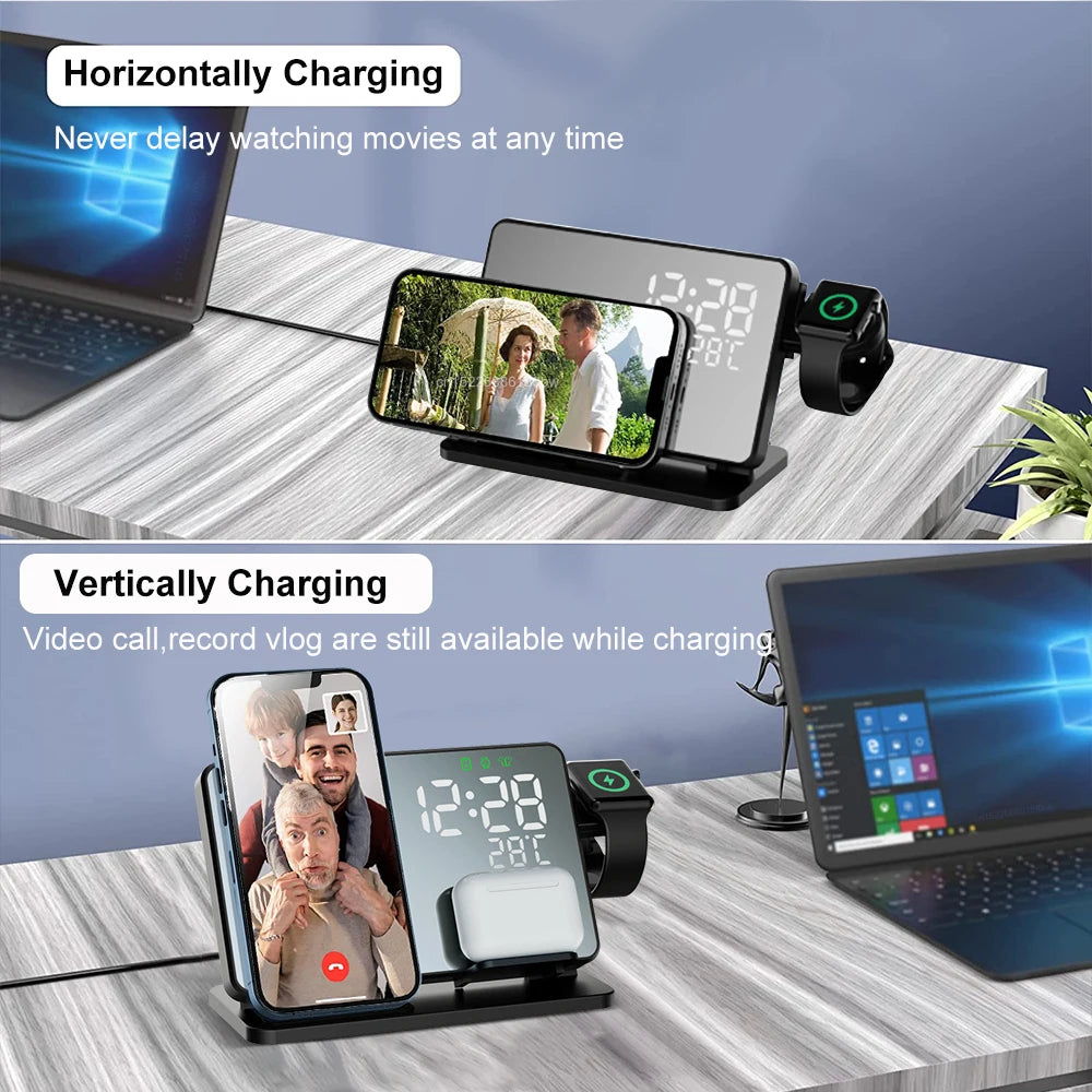 Wearclo | 3-in-1 Quick Charge Station | Premium Wireless Fast Charging Docking Station with Alarm Clock | for Apple iPhone, Watch & AirPods