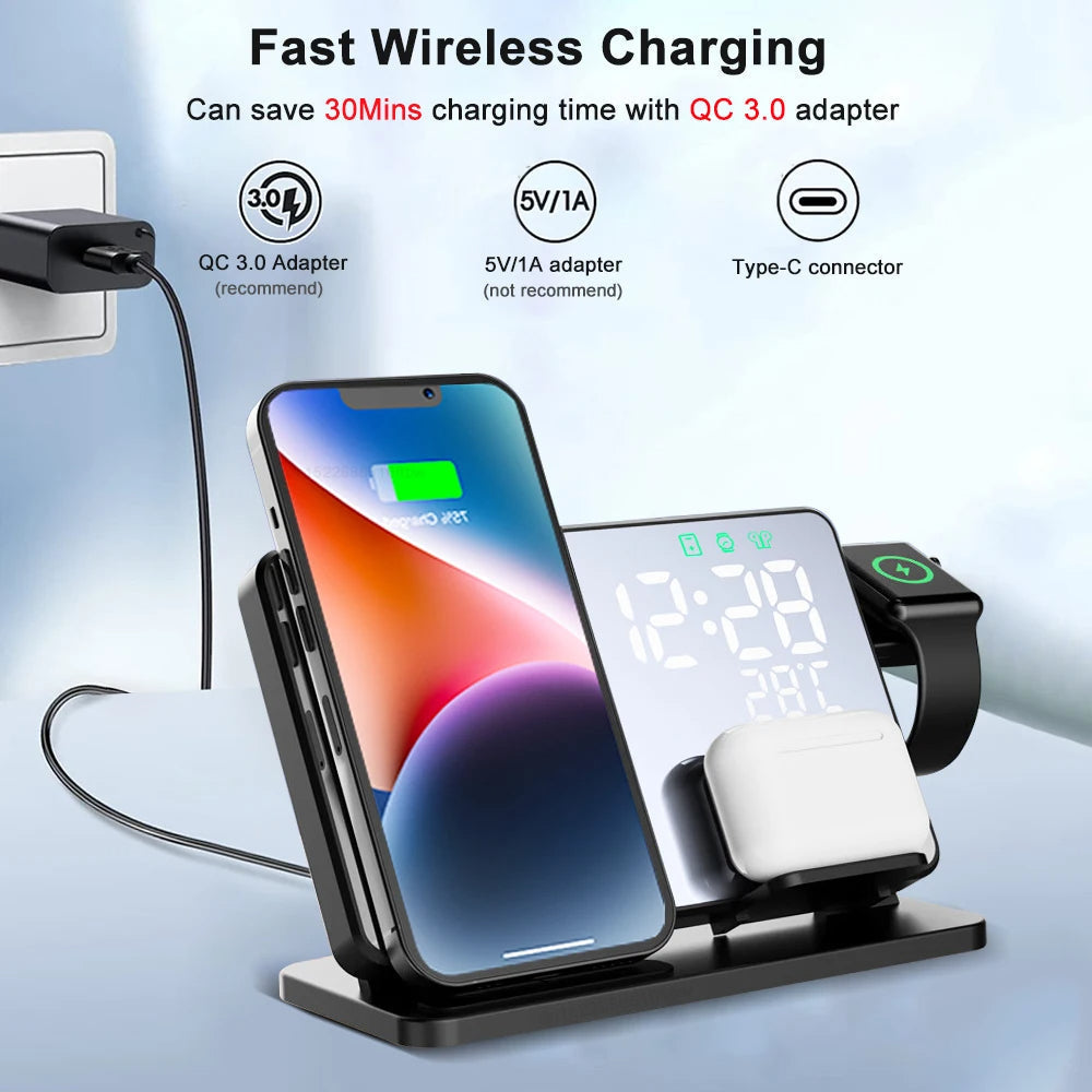 Wearclo | 3-in-1 Quick Charge Station | Premium Wireless Fast Charging Docking Station with Alarm Clock | for Apple iPhone, Watch & AirPods