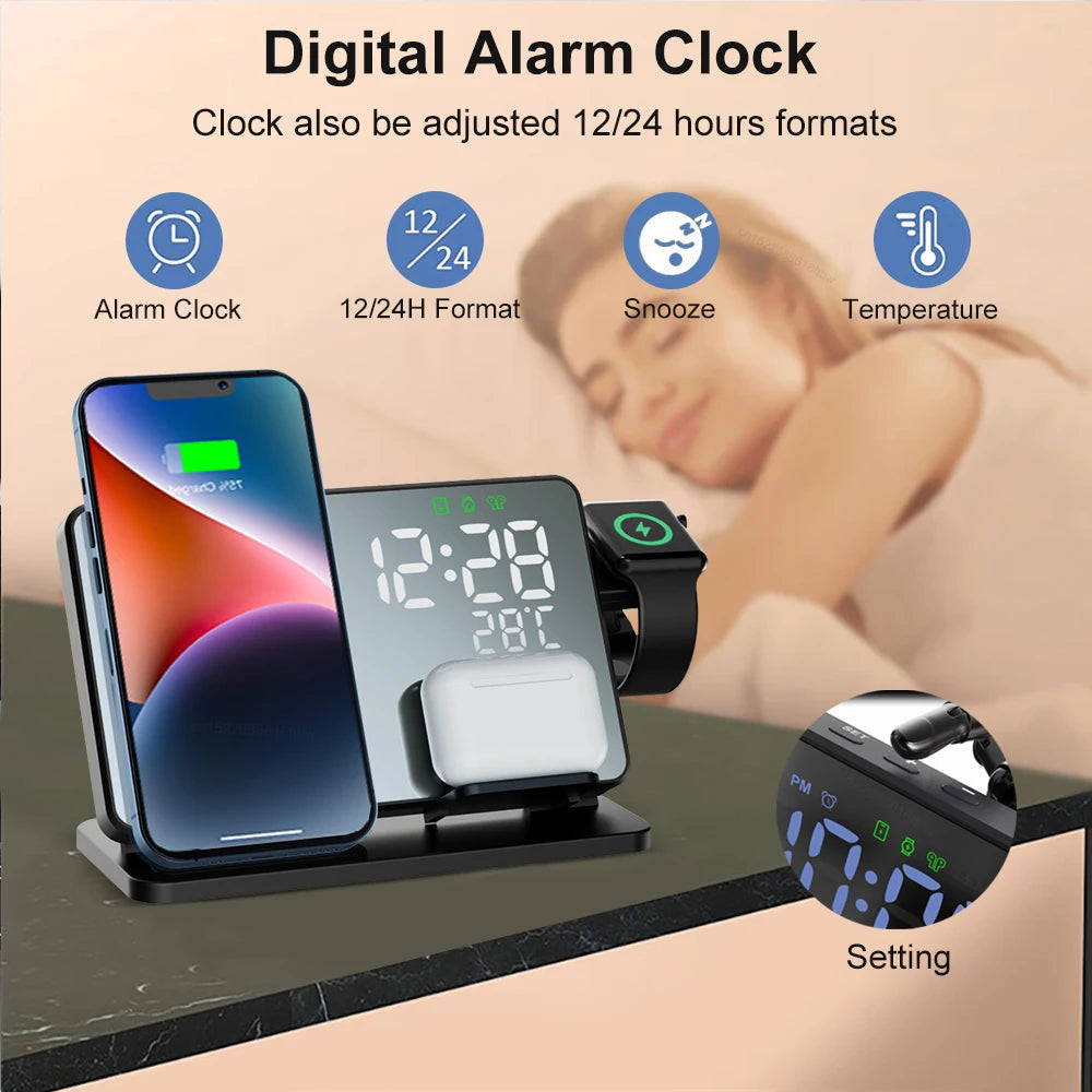 Wearclo | 3-in-1 Quick Charge Station | Premium Wireless Fast Charging Docking Station with Alarm Clock | for Apple iPhone, Watch & AirPods