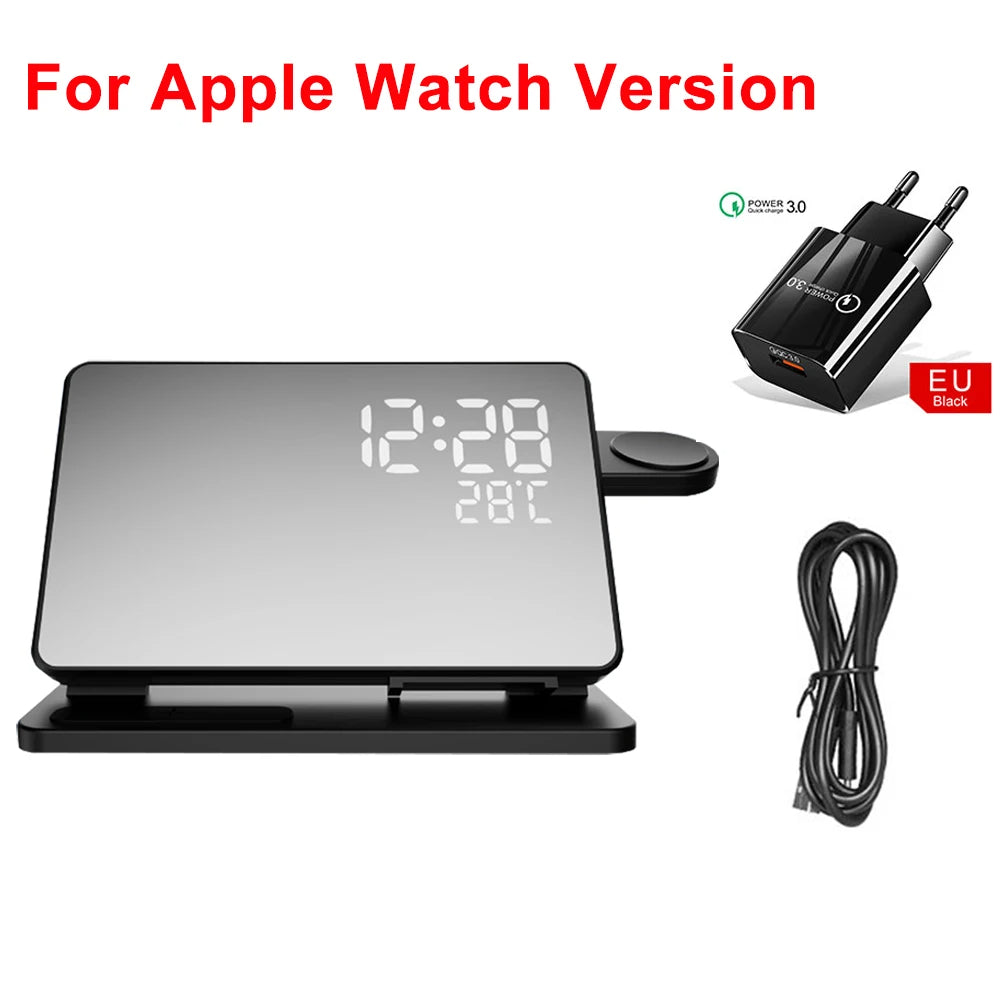 Wearclo | 3-in-1 Quick Charge Station | Premium Wireless Fast Charging Docking Station with Alarm Clock | for Apple iPhone, Watch & AirPods