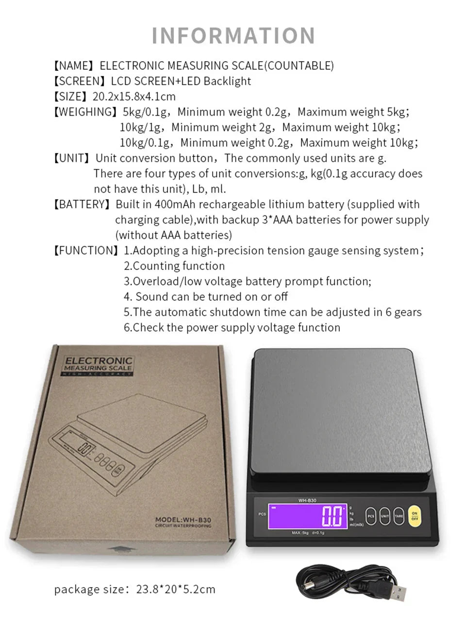 Wearclo | 5 kg/0.1 g and 10 kg/1 g digital electronic kitchen scale, LCD screen, fully waterproof stainless steel tool for baking