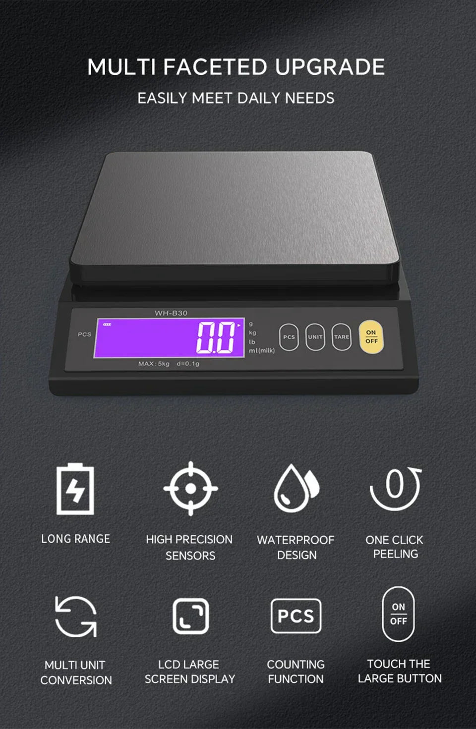 Wearclo | 5 kg/0.1 g and 10 kg/1 g digital electronic kitchen scale, LCD screen, fully waterproof stainless steel tool for baking
