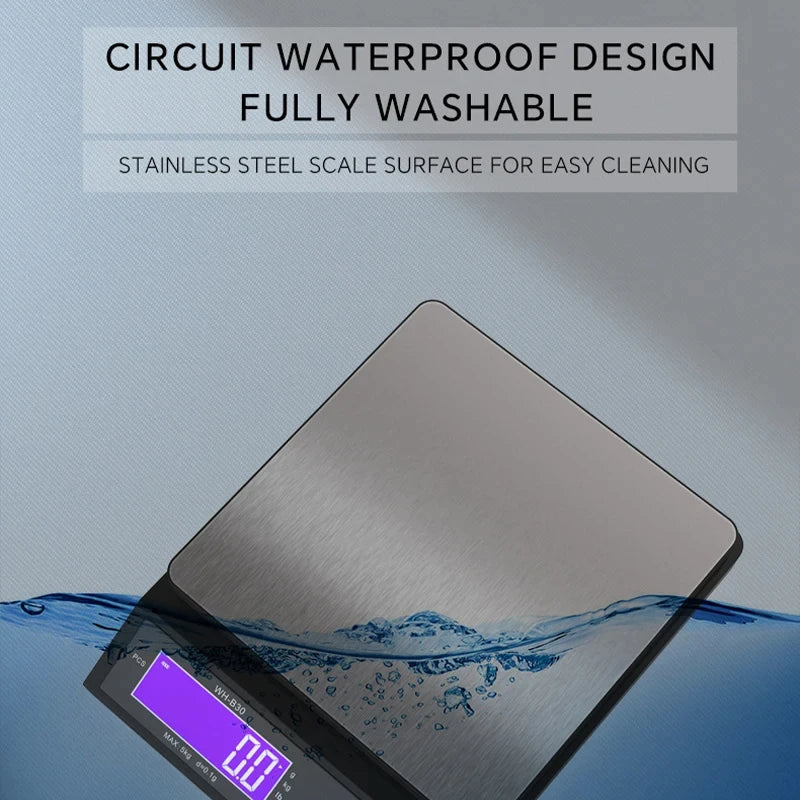 Wearclo | 5 kg/0.1 g and 10 kg/1 g digital electronic kitchen scale, LCD screen, fully waterproof stainless steel tool for baking