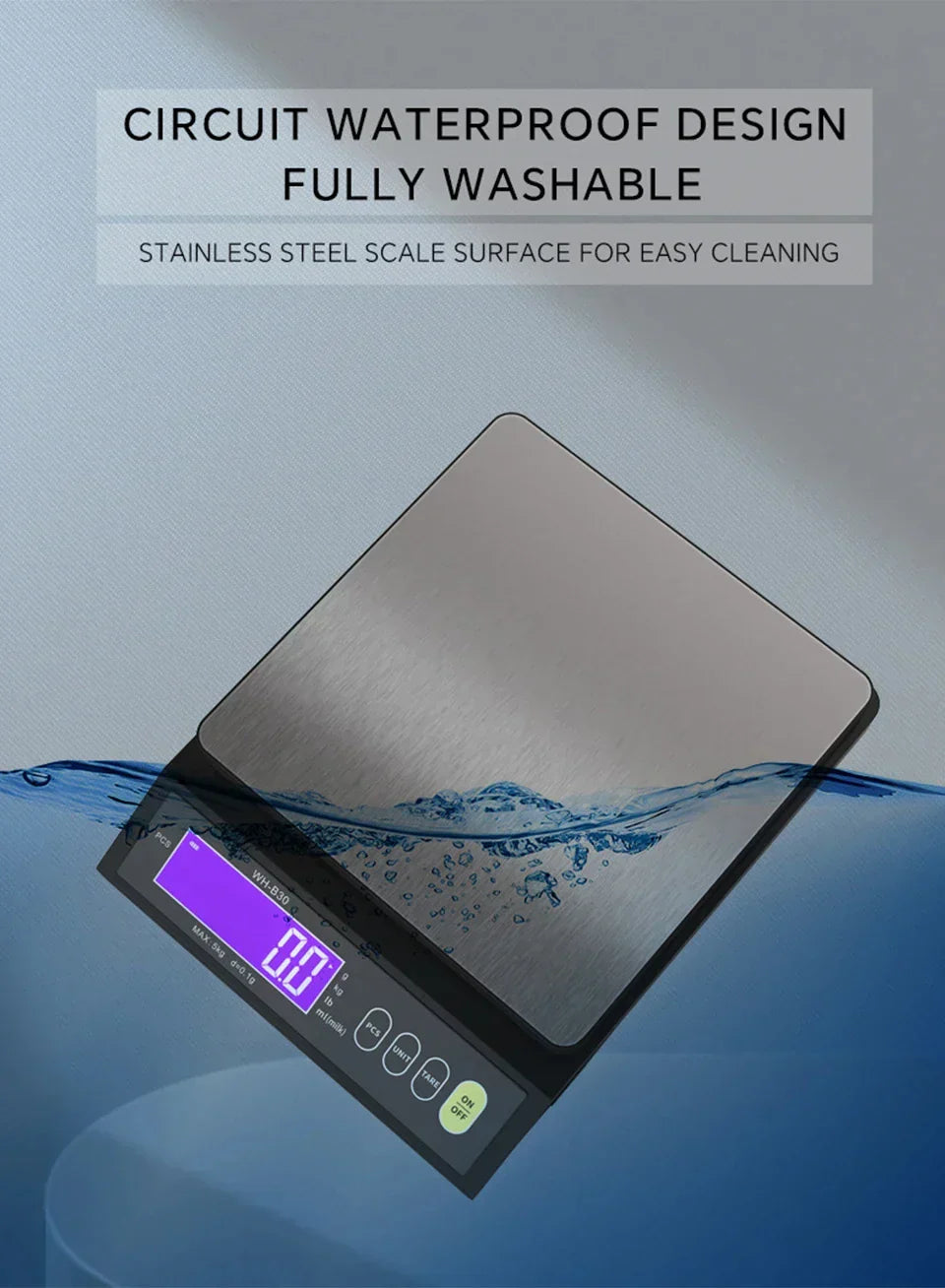 Wearclo | 5 kg/0.1 g and 10 kg/1 g digital electronic kitchen scale, LCD screen, fully waterproof stainless steel tool for baking