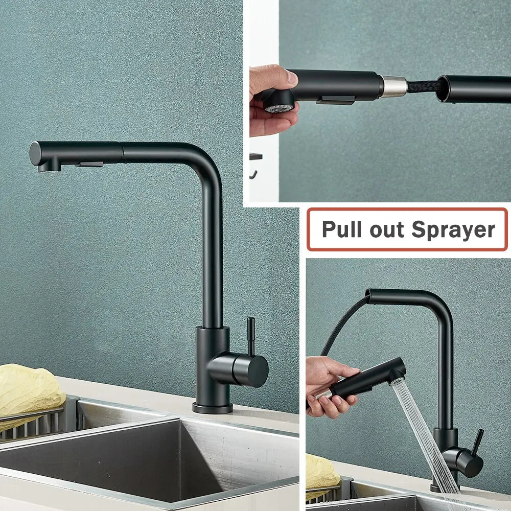 Wearclo | Black Pull-Out Kitchen Faucet - Flexible 2-Mode Stream and Spray Head, Stainless Steel Hot-Cold Water Mixing Tap