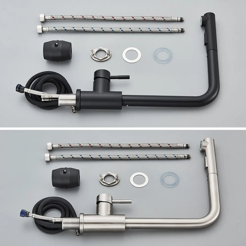 Wearclo | Black Pull-Out Kitchen Faucet - Flexible 2-Mode Stream and Spray Head, Stainless Steel Hot-Cold Water Mixing Tap
