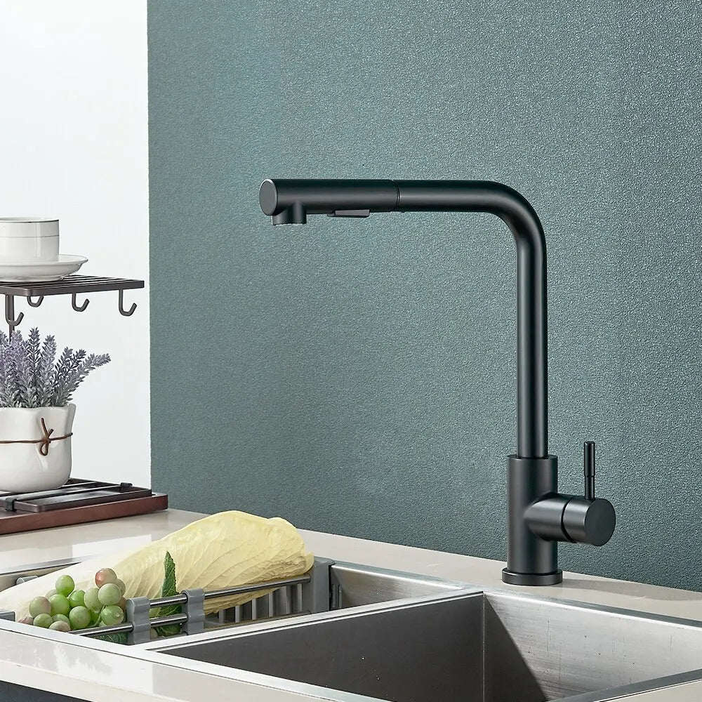 Wearclo | Black Pull-Out Kitchen Faucet - Flexible 2-Mode Stream and Spray Head, Stainless Steel Hot-Cold Water Mixing Tap