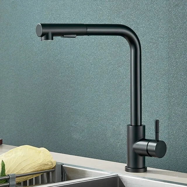 Wearclo | Black Pull-Out Kitchen Faucet - Flexible 2-Mode Stream and Spray Head, Stainless Steel Hot-Cold Water Mixing Tap