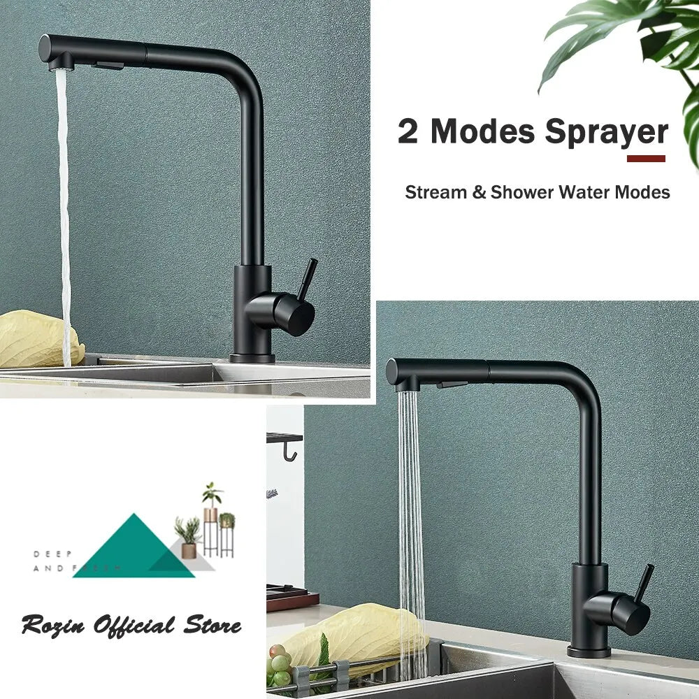 Wearclo | Black Pull-Out Kitchen Faucet - Flexible 2-Mode Stream and Spray Head, Stainless Steel Hot-Cold Water Mixing Tap