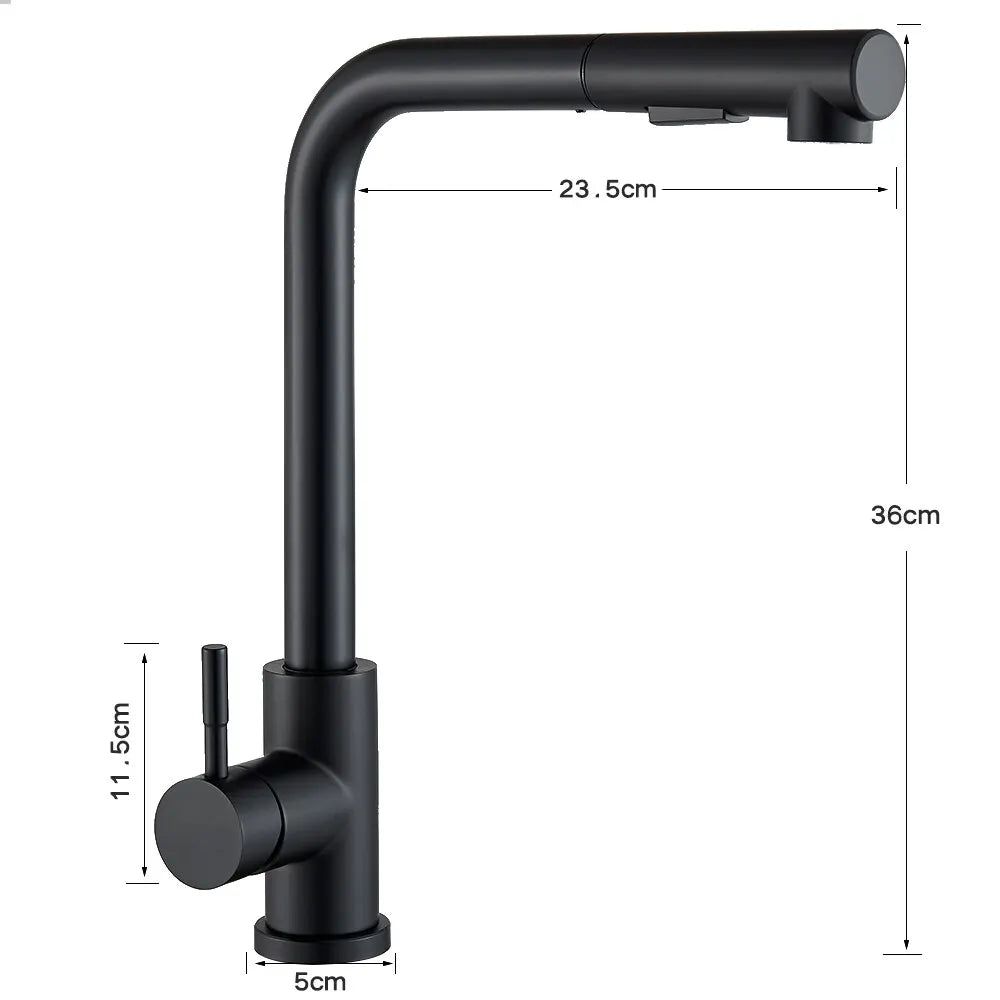 Wearclo | Black Pull-Out Kitchen Faucet - Flexible 2-Mode Stream and Spray Head, Stainless Steel Hot-Cold Water Mixing Tap