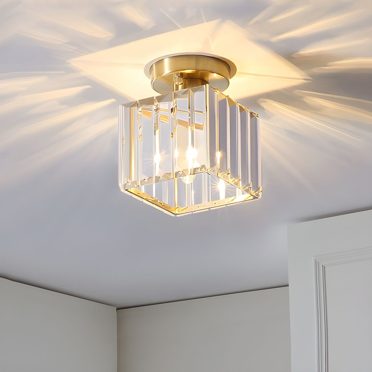Wearclo | Crystal Glass Ceiling Lamp – Brass Fixture & Compact Design
