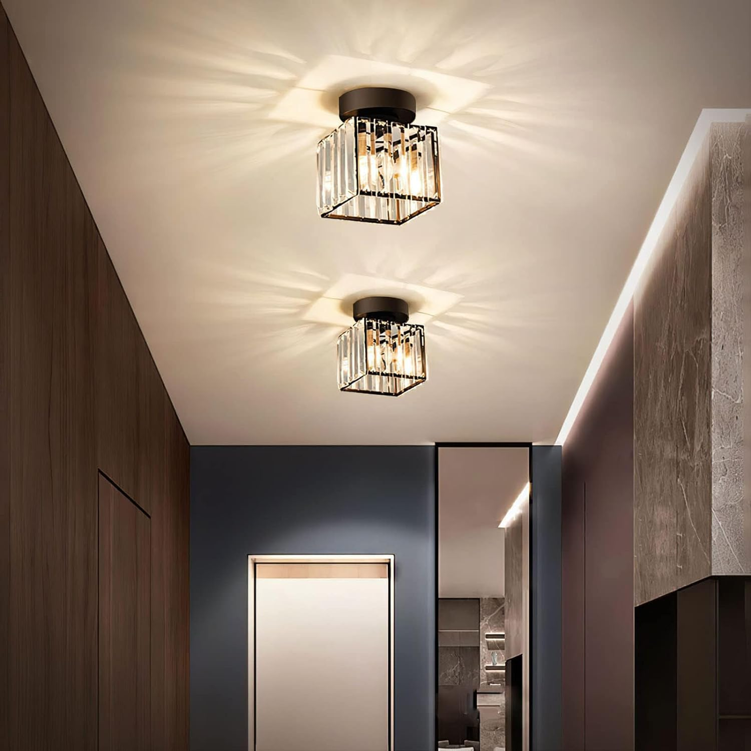 Wearclo | Crystal Glass Ceiling Lamp – Brass Fixture & Compact Design