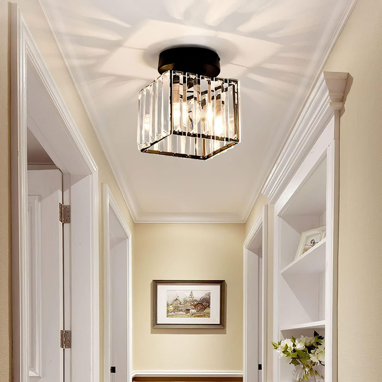 Wearclo | Crystal Glass Ceiling Lamp – Brass Fixture & Compact Design