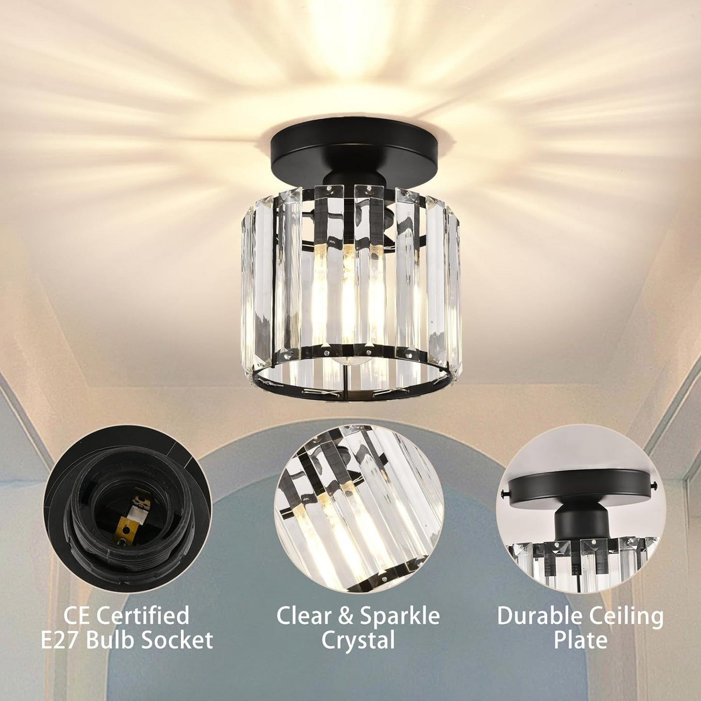 Wearclo | Crystal Glass Ceiling Lamp – Brass Fixture & Compact Design