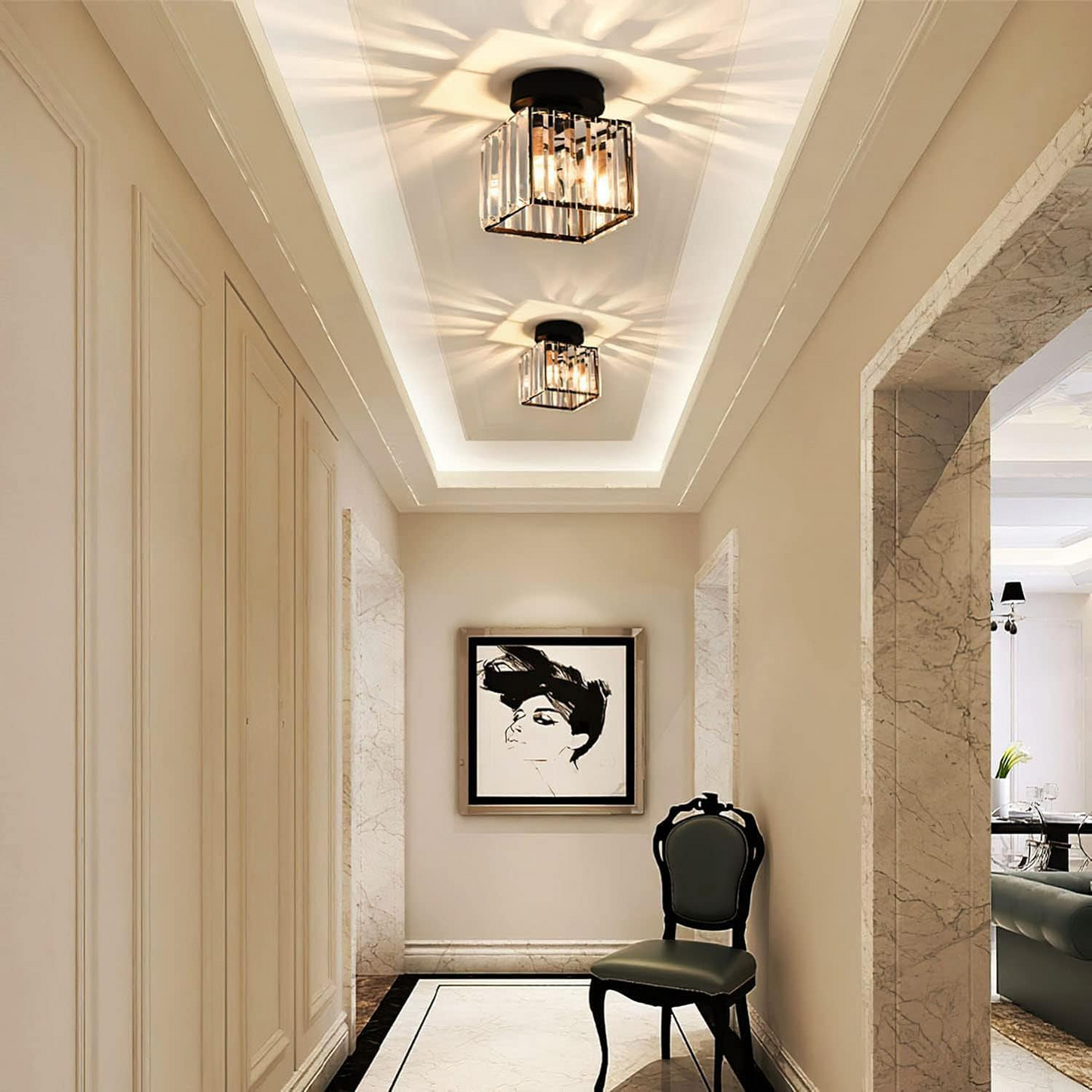 Wearclo | Crystal Glass Ceiling Lamp – Brass Fixture & Compact Design