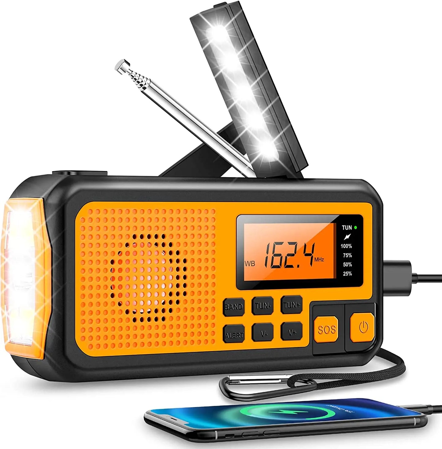 Wearclo | Emergency Radio with Crank and Solar Cell – Portable Dynamo Radio with Power Bank and LED Flashlight