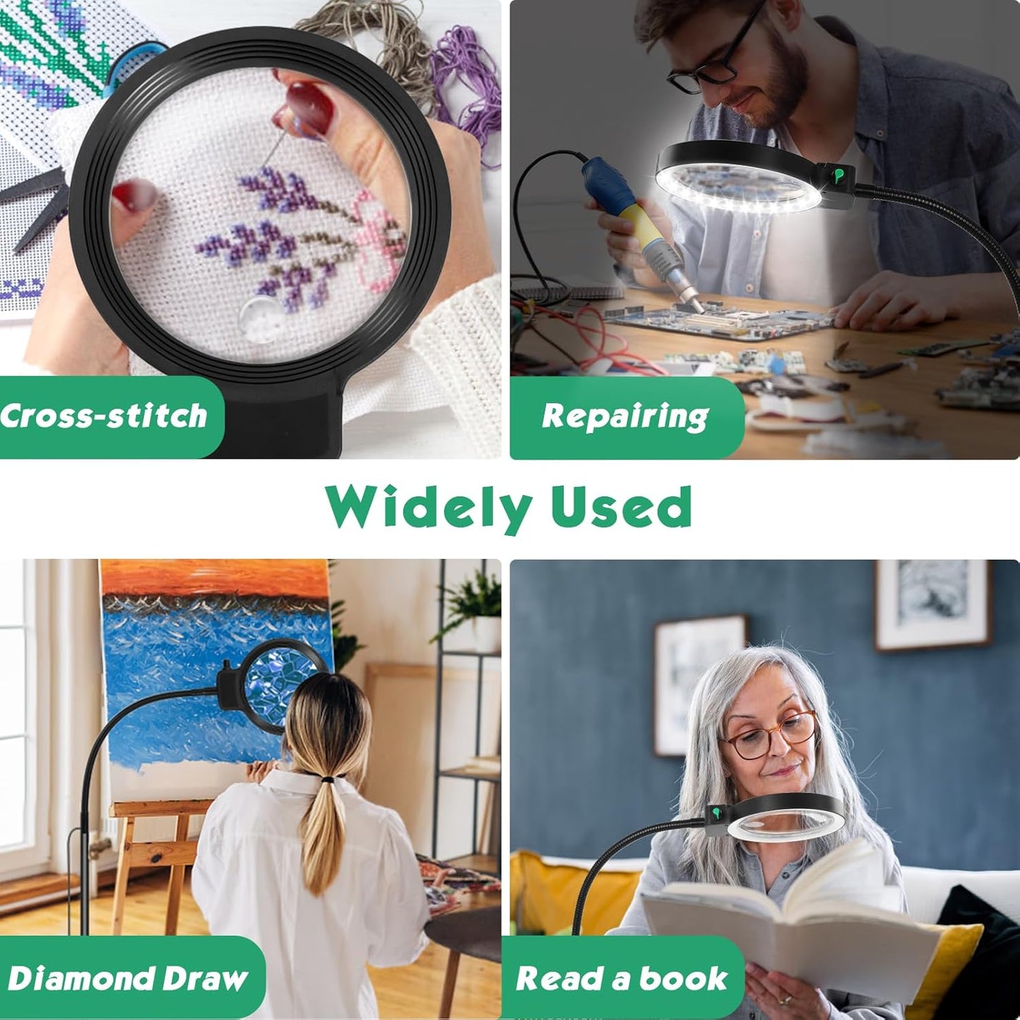Wearclo | Full-Sided Magnifying Glass with LED Light – Hands-Free Reading Aid for Books, Crafts, and Hobbies