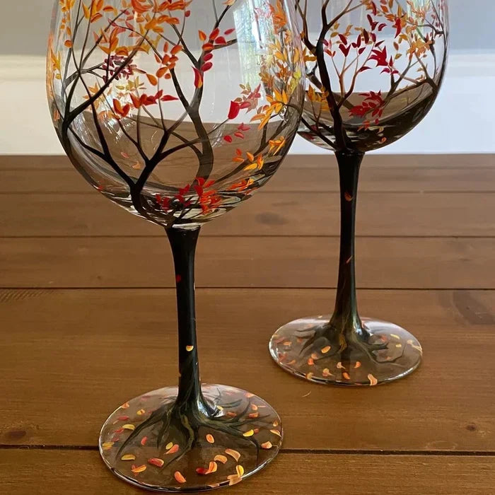 Wearclo | Hand Painted Four Seasons Tree Wine Glasses | Unique Art