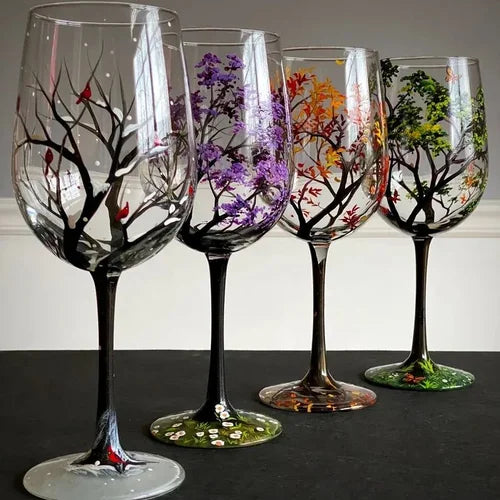 Wearclo | Hand Painted Four Seasons Tree Wine Glasses | Unique Art