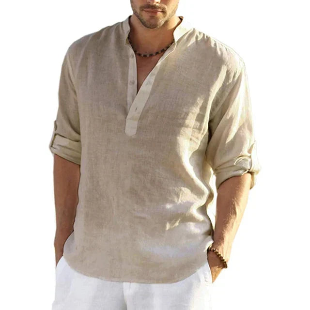 Wearclo | Men's Band Collar Shirt - Casual V-Neck Linen Blend