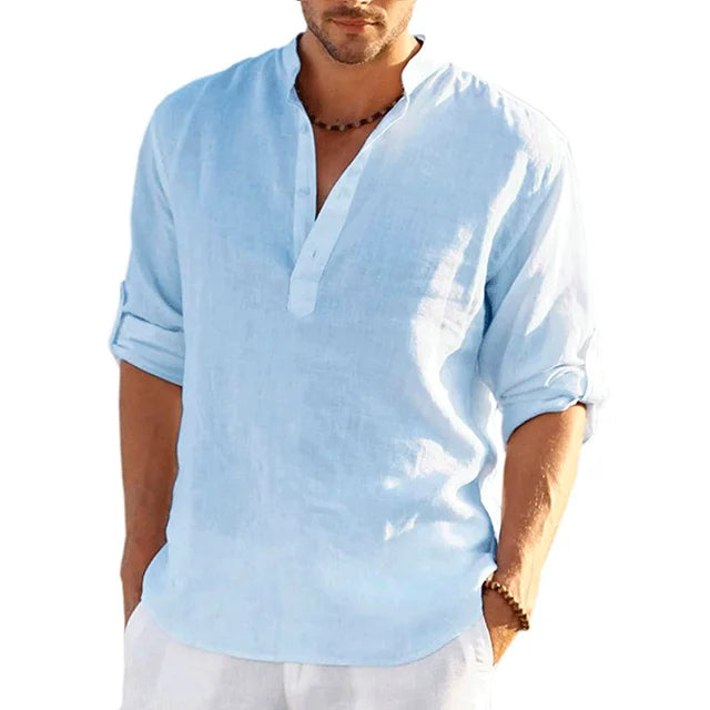 Wearclo | Men's Band Collar Shirt - Casual V-Neck Linen Blend