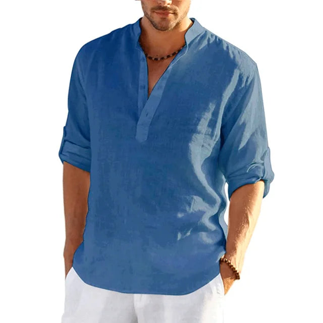 Wearclo | Men's Band Collar Shirt - Casual V-Neck Linen Blend