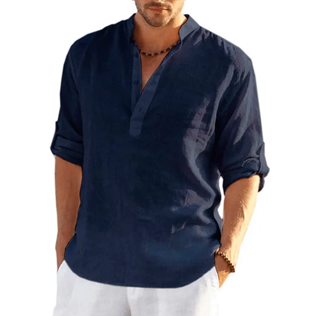 Wearclo | Men's Band Collar Shirt - Casual V-Neck Linen Blend