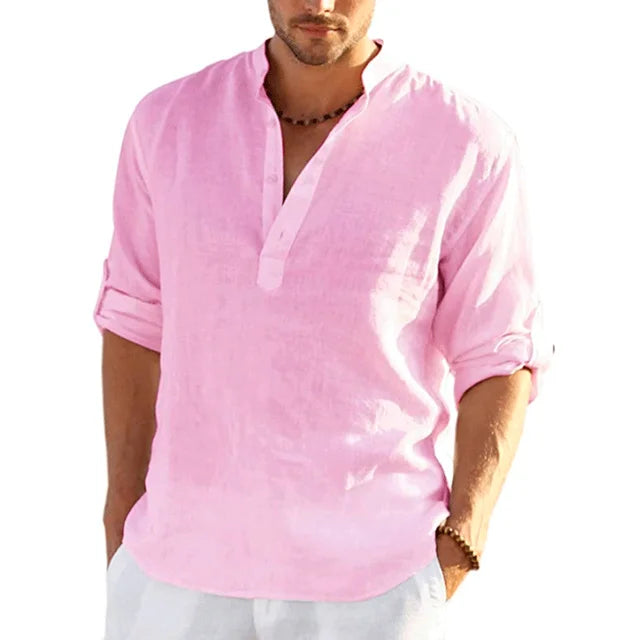 Wearclo | Men's Band Collar Shirt - Casual V-Neck Linen Blend