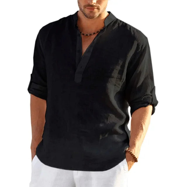 Wearclo | Men's Band Collar Shirt - Casual V-Neck Linen Blend