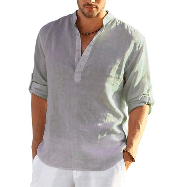 Wearclo | Men's Band Collar Shirt - Casual V-Neck Linen Blend