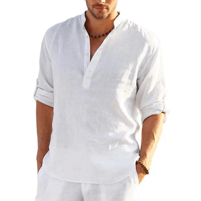 Wearclo | Men's Band Collar Shirt - Casual V-Neck Linen Blend