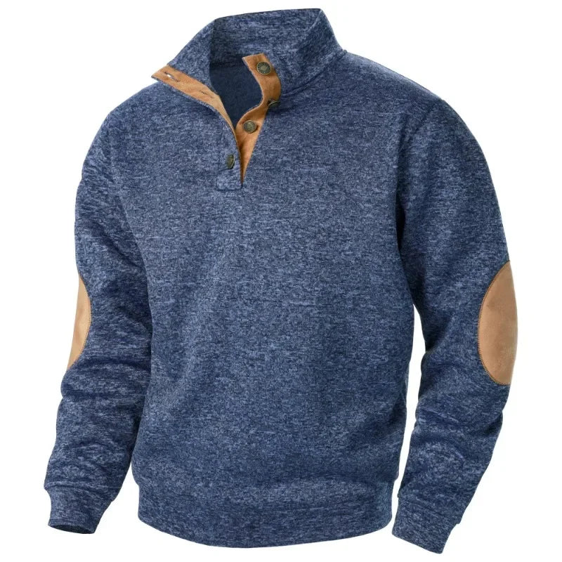Wearclo | Men's Button-Neck Sweatshirt with Suede Patches